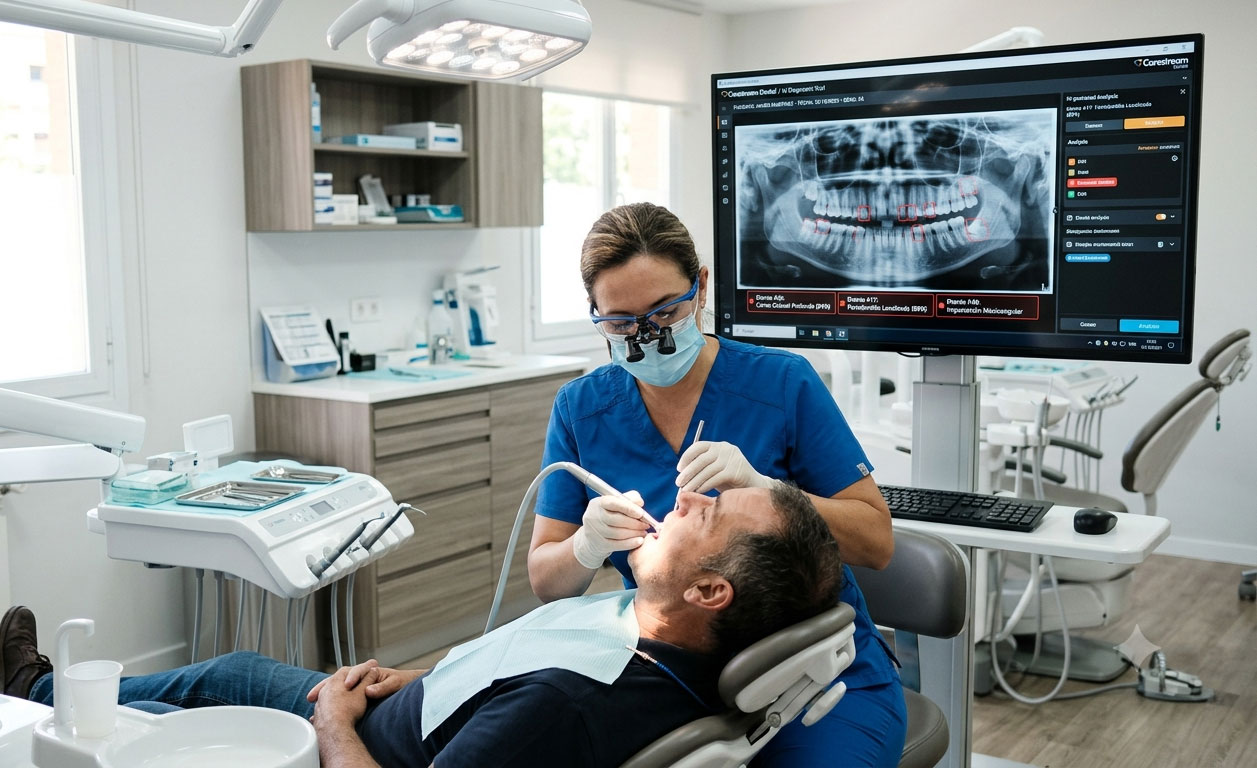 Dentista atendiendo a un paciente con apoyo de OdontologIA